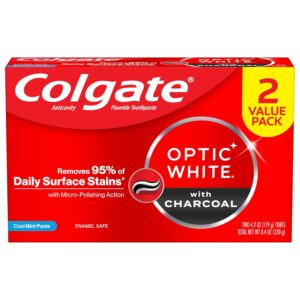 Colgate Optic White Whitening Toothpaste with Charcoal, Whitening with Charcoal Toothpaste Pack, Removes Daily Surface Stains, Enamel-Safe for Daily Use, Vegan, Cool Mint Paste, 2 Pack, 4.2 oz