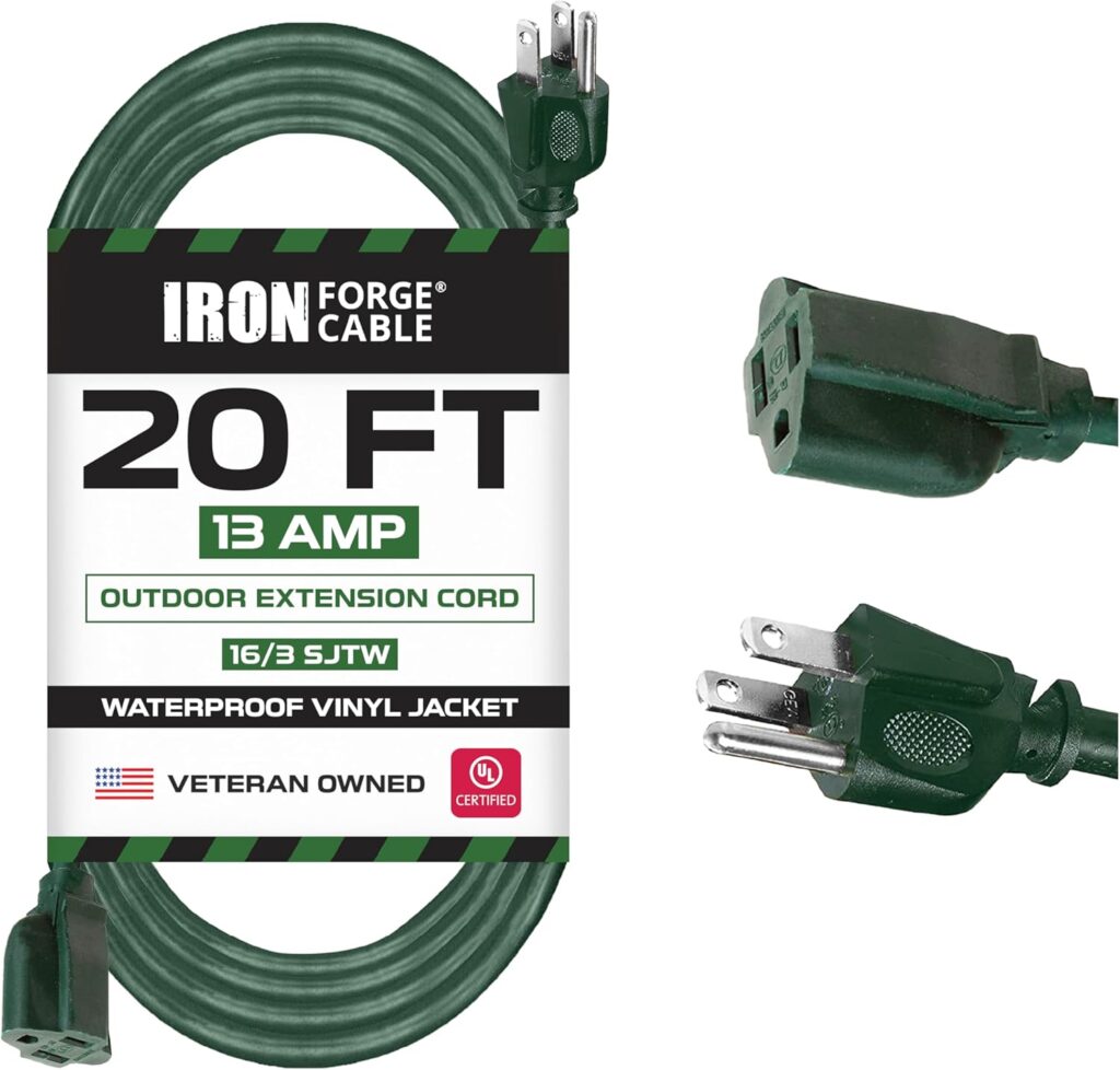 Iron Forge Cable 20 Foot Outdoor Extension Cord, 16/3 Green 20 Foot Extension Cord Indoor/Outdoor Use, 3 Prong, Weatherproof Jacket, Great for Gardens, Landscaping, Lawn Mower and More