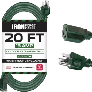 Iron Forge Cable 20 Foot Outdoor Extension Cord, 16/3 Green 20 Foot Extension Cord Indoor/Outdoor Use, 3 Prong, Weatherproof Jacket, Great for Gardens, Landscaping, Lawn Mower and More