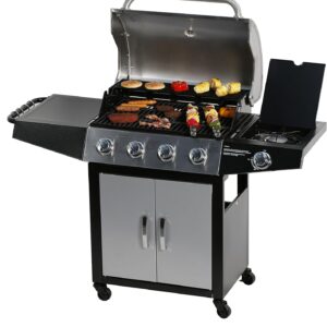 MASTER COOK 4 Burners Gas Grill, 52,000 BTU Cabinet Grill, Propane Grill, with Side Burner, Built with Stainless Steel, Silver&Black