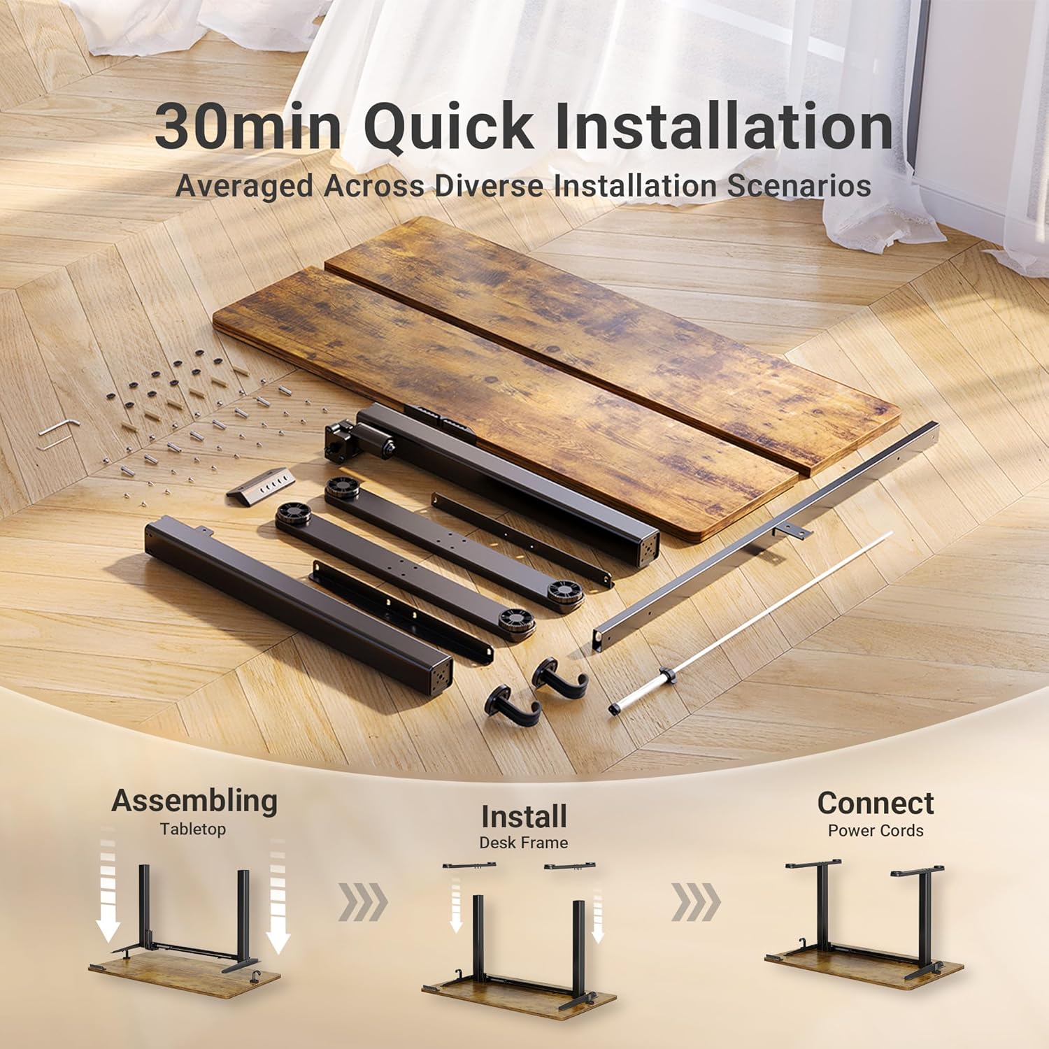 Claiks Electric Standing Desk, Adjustable Height Stand up Desk, 24x48 Inches Sit Stand Home Office Desk with Splice Board, Black Frame/Rustic Brown Top - Image 8