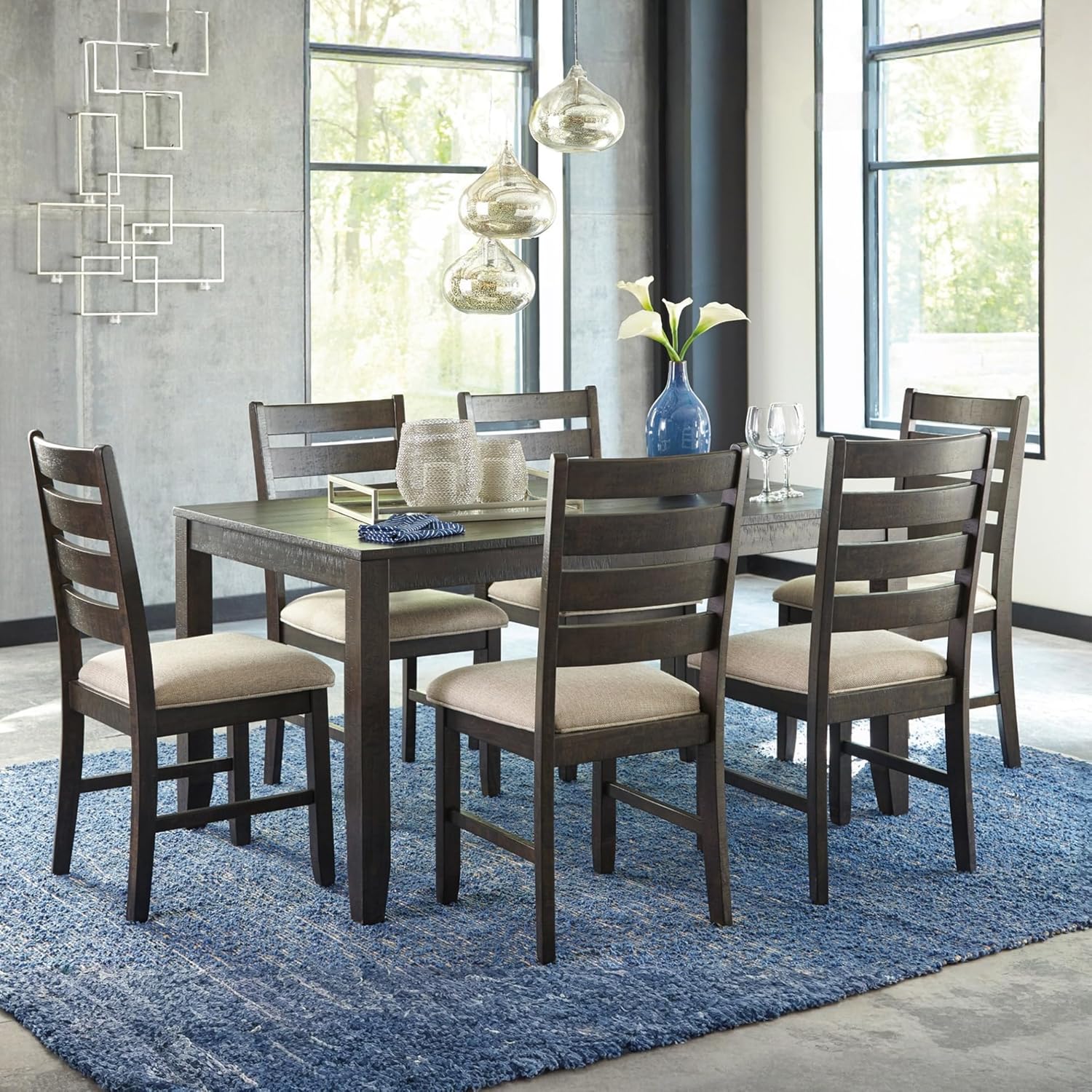 Signature Design by Ashley Rokane 7-Piece Dining Room Table Set with 6 Upholstered Chairs - Brown Wood 20" Rectangular Table & Chair Set for Kitchen Dining Room - Image 2