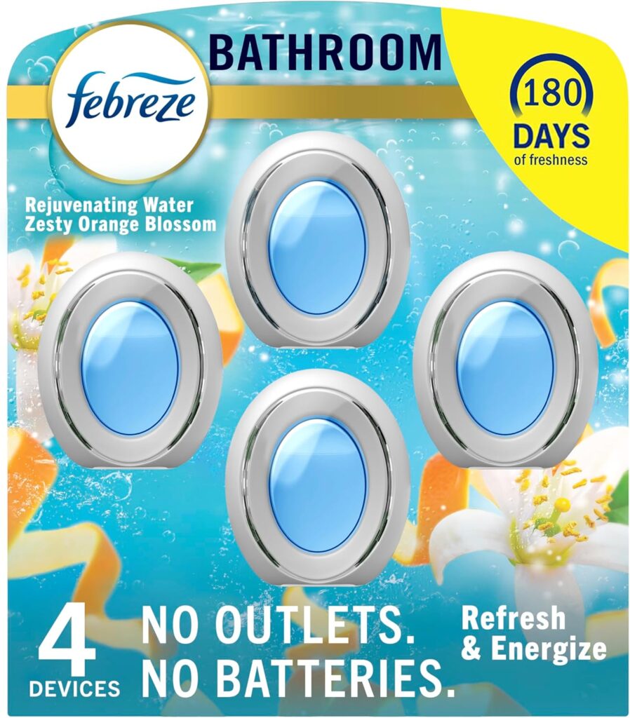 Febreze Bathroom Air Freshener, Odor-Fighting, Plug In Alternative, Air Fresheners for Home, Bathroom, & Kitchen, Closet Air Fresheners, Pet & Litter Box Odor Fighter, Refresh & Energize Scent, 4ct