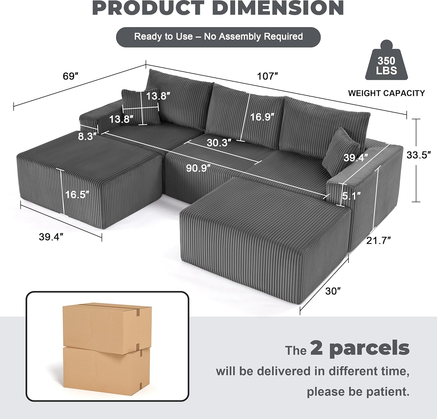 107” Modular Sectional Couches, Cloud Sectional Couch with Deep Seat, Modern Modular L-Shape Sofa with Chaise,Upholstered Boneless Sofa for Living Room (Corduroy, Grey) - Image 2
