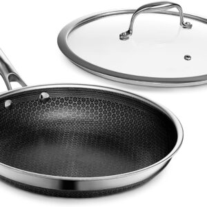 HexClad Hybrid Nonstick 10-Inch Frying Pan with Tempered Glass Lid, Stay-Cool Handle, Dishwasher-Friendly, Oven-Safe Up to 900°F, Induction Ready, Compatible with All Cooktops