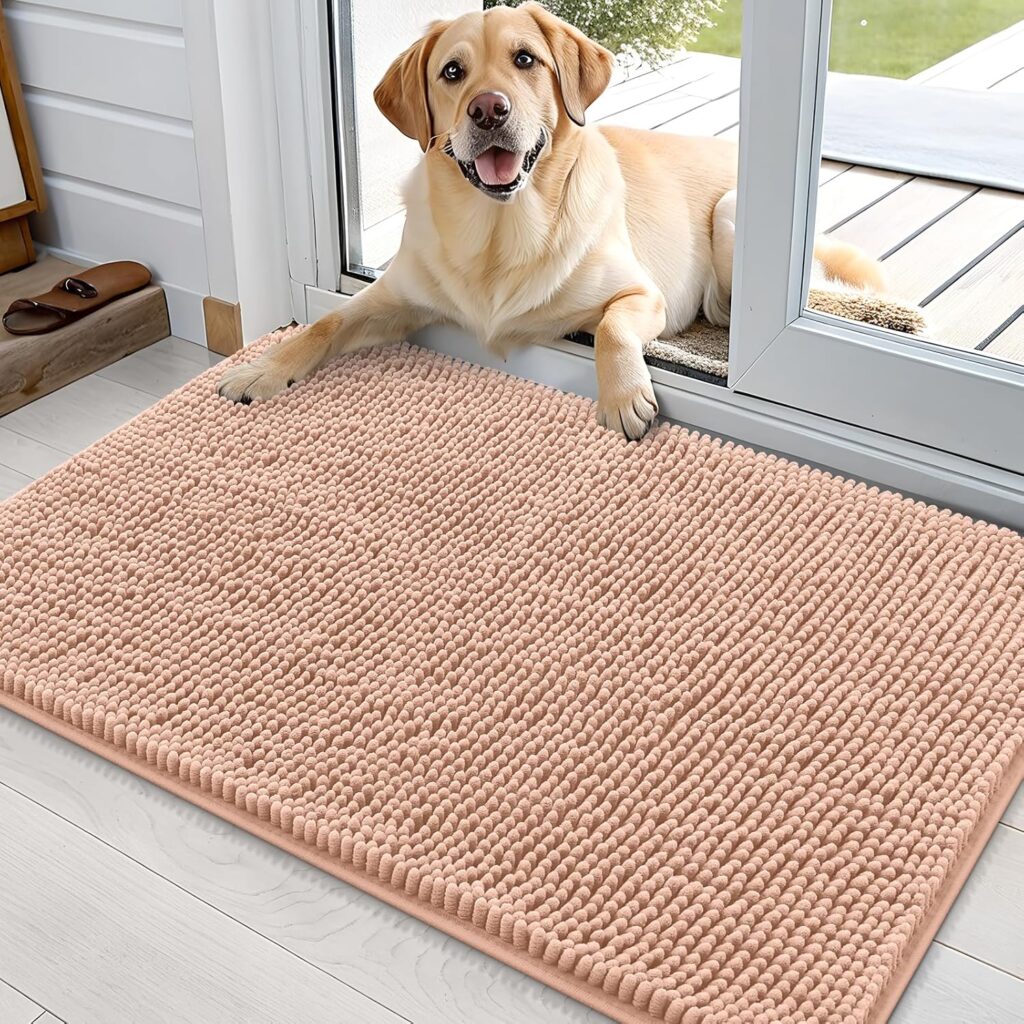 OLANLY Dog Door Mat for Muddy Paws 36x24, Absorbs Moisture and Dirt, Absorbent Non-Slip Washable Doormat, Quick Dry Chenille Mud Mat for Dogs, Entry Indoor Entryway Carpet for Inside Floor, Peach