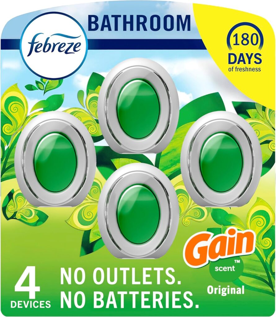 Febreze Bathroom Air Freshener, Odor-Fighting, Plug In Alternative, Air Fresheners for Home and Bathroom and Kitchen, Closet Air Fresheners, Pet & Litter Box Odor Fighter, Gain Original Scent, 4 Count