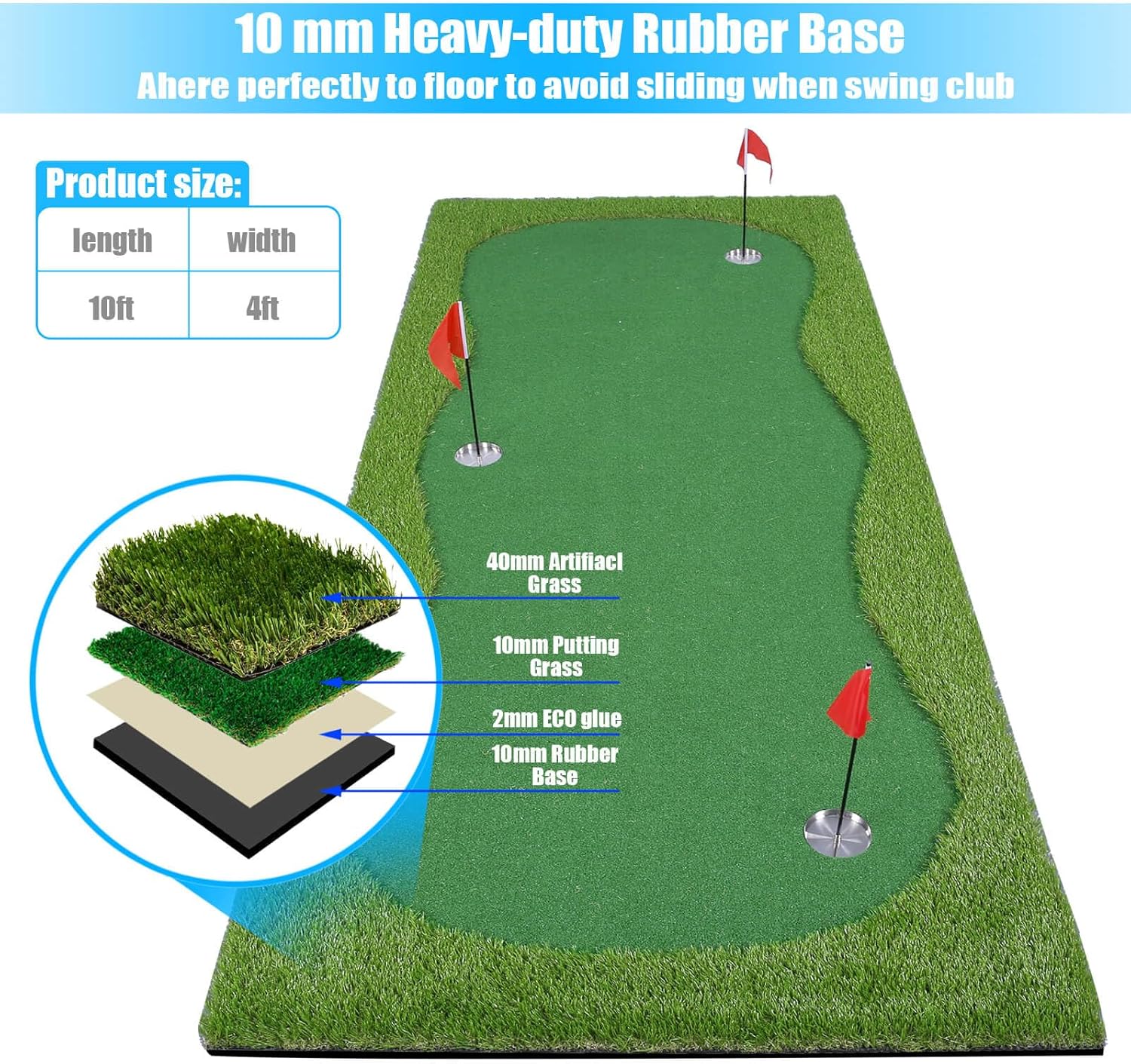 Golf Putting Green/Mat-Golf Training Mat- Professional Golf Practice Mat- Green Long Challenging Putter for Indoor/Outdoor - Image 4