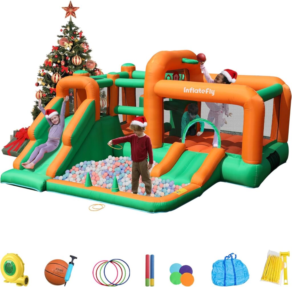 Inflatable Bounce House, Dual Slides Bouncer with Blower,Obstacle Wall, Ball Pit, Basketball Hoop, Punching Bag for Kids Toddlers Outdoor Indoor