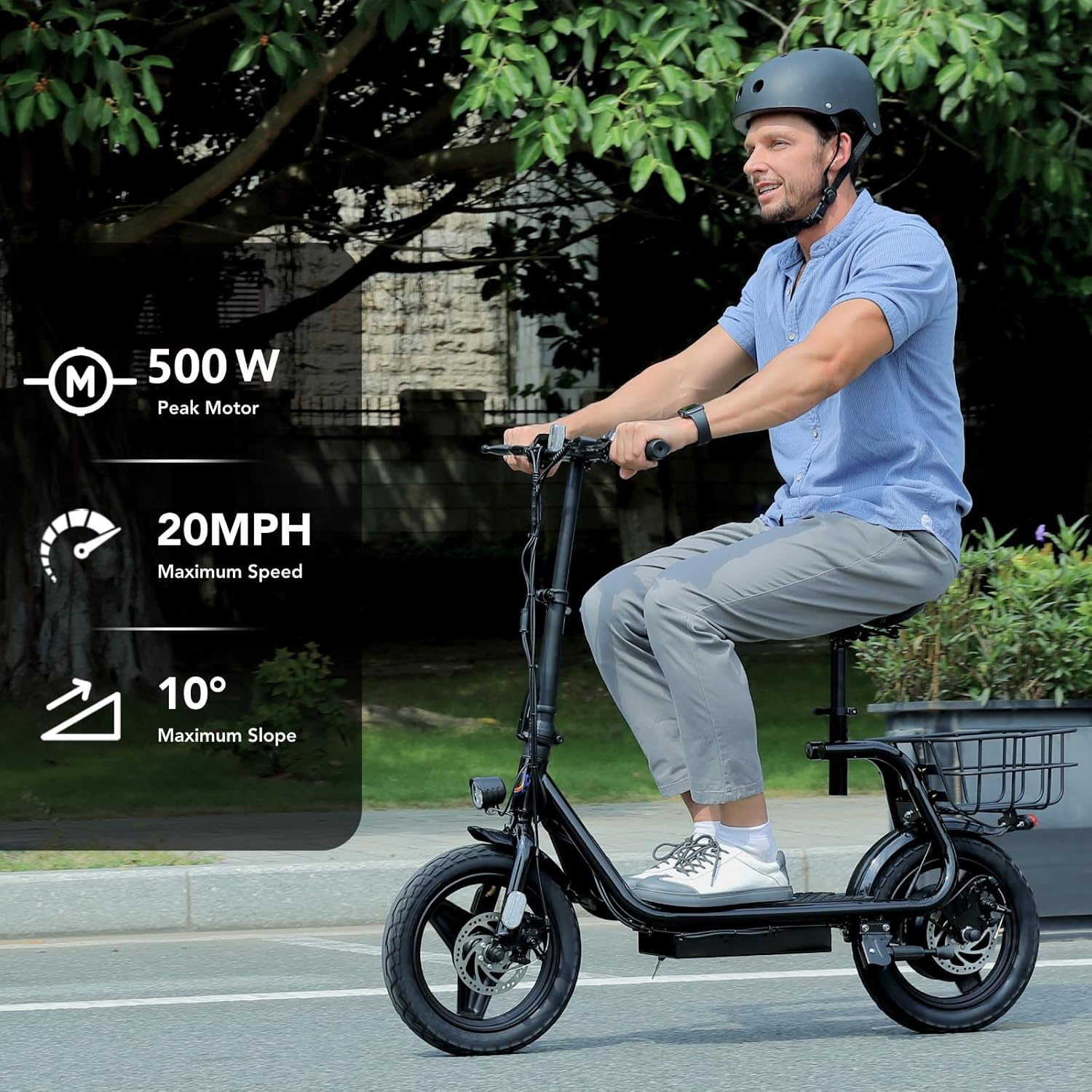 Caroma Electric Scooter with Seat for Adults, Max 30Miles Ranges&20Mph, 500/800/1200W Motor, 14" Fat Tire Foldable Commuter E-Scooter with Basket for Pets & Cargo, 300lbs Max Load - Image 4