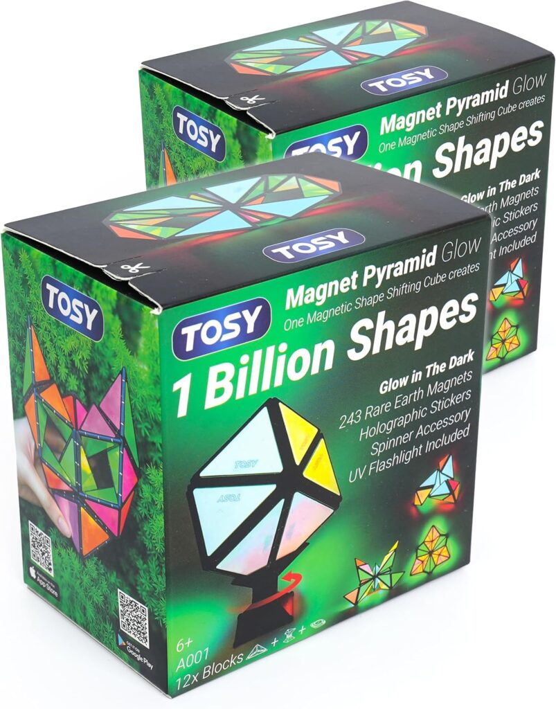TOSY Magnet Pyramid Glow - 1 Cube Transforms into 1 Billion Shapes, 12 Pieces, 243 Rare Earth Magnets, Glowing, Christmas Stocking Stuffers Gift for Kids, Creative Puzzle STEM/STEAM Toy, 2-Pack