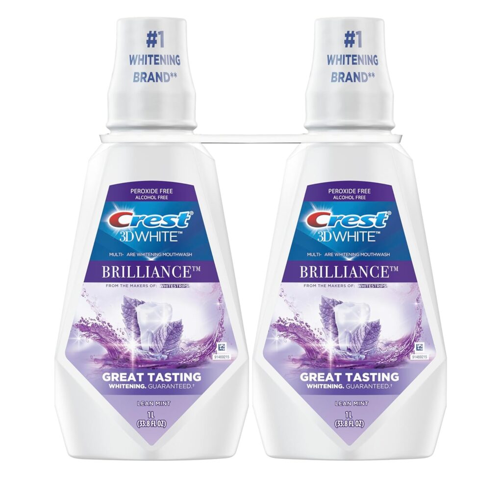 Crest Mouthwash/Mouth Rinse, 3D White Brilliance Whitening, Alcohol Free, Clean Mint, 2x1L (33.8 fl oz)