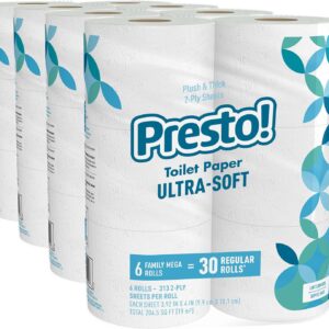 Amazon Brand – Presto! 2-Ply Ultra-Soft Toilet Paper, 24 Family Mega Rolls = 120 regular rolls, 6 Count (Pack of 4), Unscented