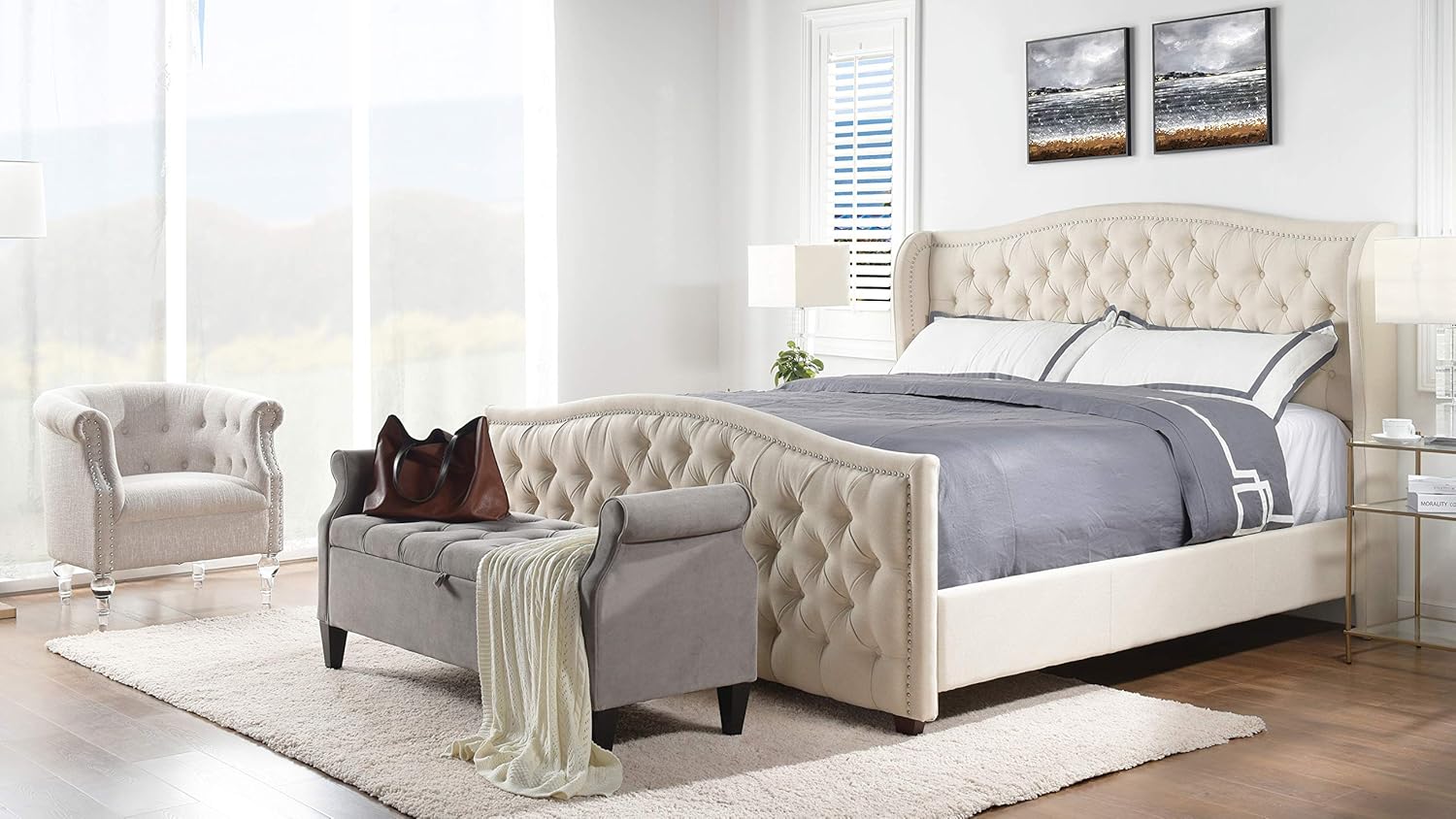 Jennifer Taylor Home Marcella Upholstered Shelter Headboard Bed Set, King, Sky Neutral Beige Polyester - Image 3