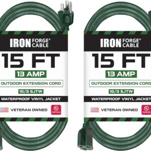 Pack of 2 Outdoor Extension Cords, 15 FT ea – 16/3 Durable Green 3 Prong Extension Cord Pack