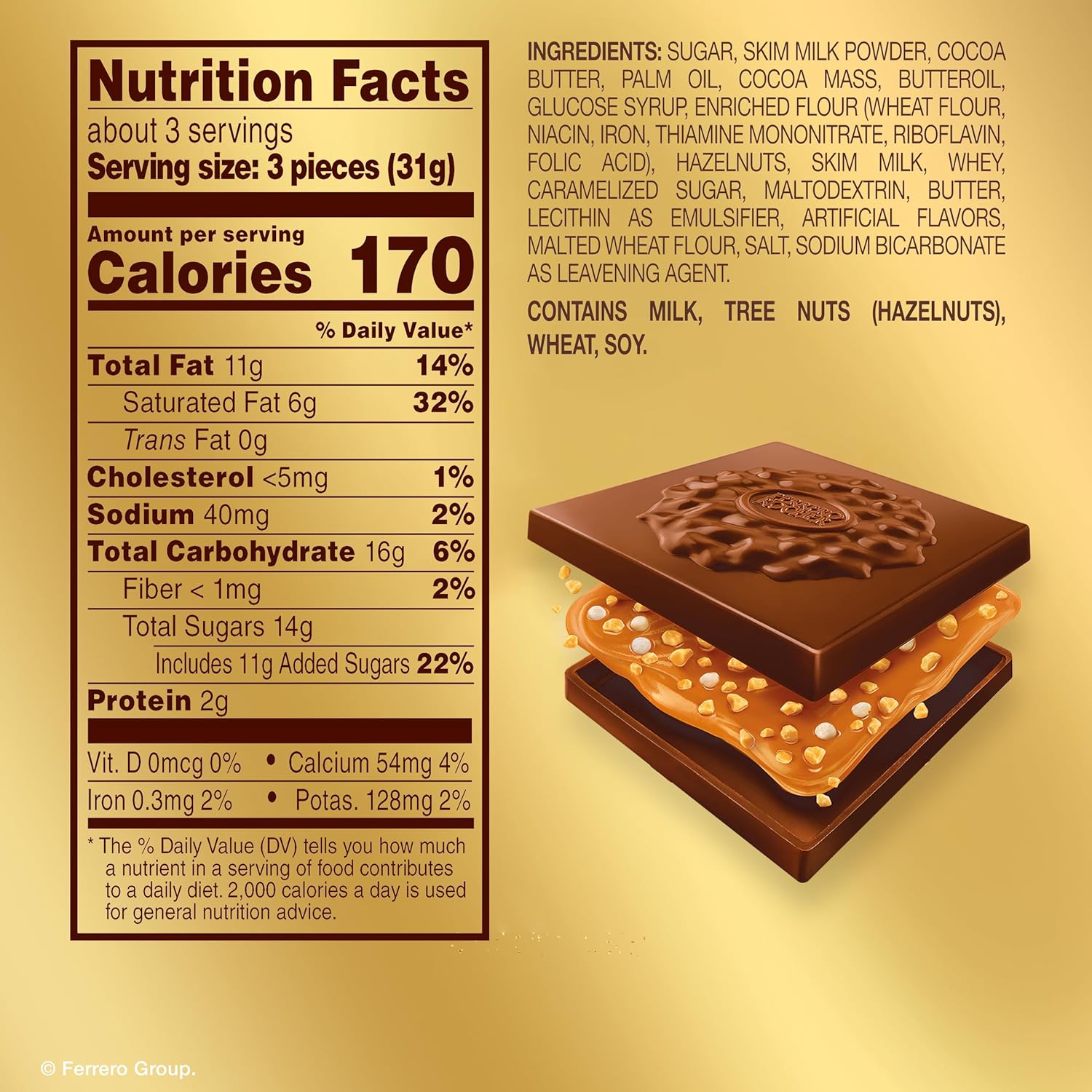 Ferrero Rocher Premium Milk chocolate squares, Hazelnut & Caramel Filling, Individually Wrapped for Sharing, 3.7 oz - Image 2