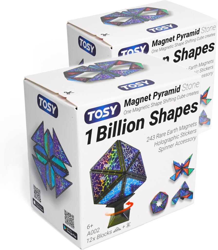 TOSY Magnet Pyramid Stone - 1 Cube Transforms into 1 Billion Shapes, 14 pcs (12 Puzzle pcs and 2 Spinners), 243 Magnets, Christmas Stocking Stuffers Gift for Kids, Creative Puzzle STEM Toy, 2-Pack
