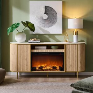 OKD Luxury 70″ Fluted Fireplace TV Stand, Modern Chic Entertainment Center for TVs Up to 80 inches, TV Console with Faux Marble Top, Curved Profile Design, Media Console for Living Room, Natural Oak