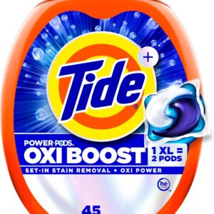 Tide Oxi Boost Power PODS Laundry Detergent Pacs, 45 Count, Set-In Stain Removal + Oxi Power, laundry soap detergent pacs