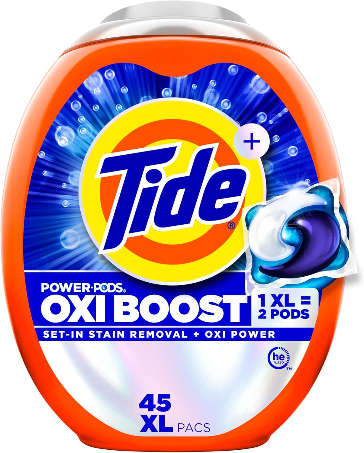 Tide Oxi Boost Power PODS Laundry Detergent Pacs, 45 Count, Set-In Stain Removal + Oxi Power, laundry soap detergent pacs