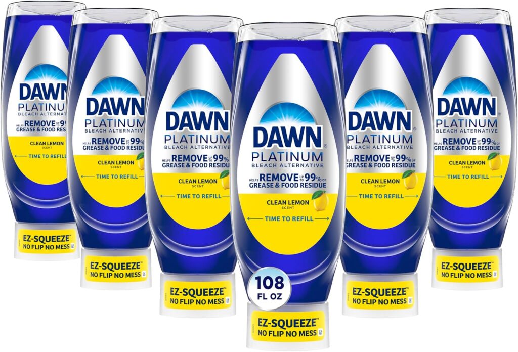 Dawn Platinum EZ-Squeeze Dish Soap Liquid, Dishwashing Liquid, Grease Removal, Upside Down Bottle, Bleach Alternative Clean Lemon, 6x18 Fl Oz Bundle