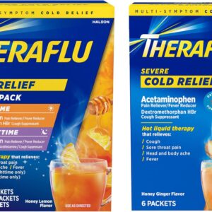 Theraflu Severe Cold Relief Hot Liquid Powder Combo: 12ct Daytime/Nighttime Honey Lemon Flavor + 6ct Daytime Honey Ginger Flavor