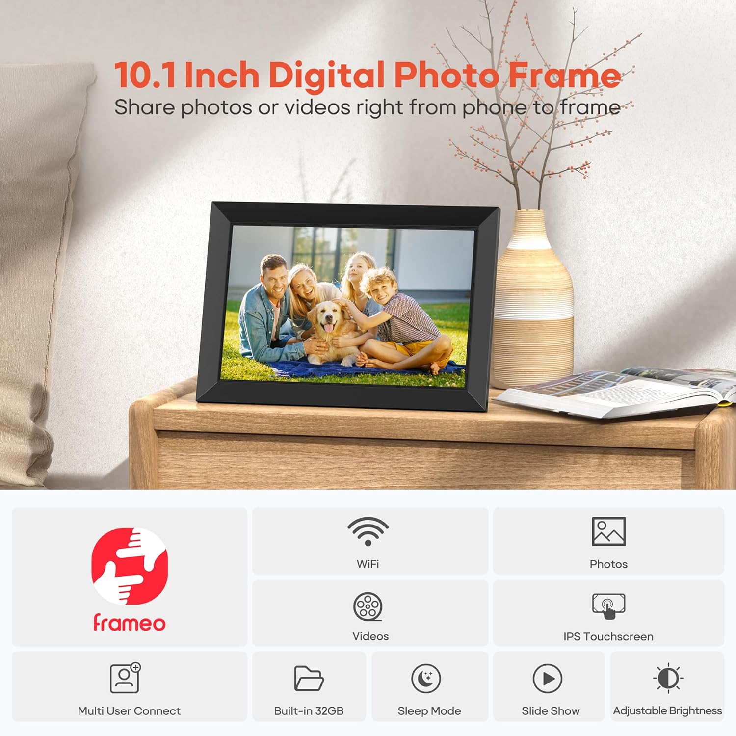 BIGASUO Digital Picture Frame, 10.1" Frameo Digital Frame WiFi with 32GB Memory, 1280x800 IPS Touch Screen, Send Photos/Videos from Your Phone Anywhere, Photo Gifts for Parents and Grandparents - Image 7