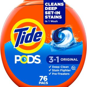 Tide PODS laundry detergent pacs, 3-in-1 Stain Remover, Odor Fighter, Color Protector, 76 Count, HE compatible, Original Scent