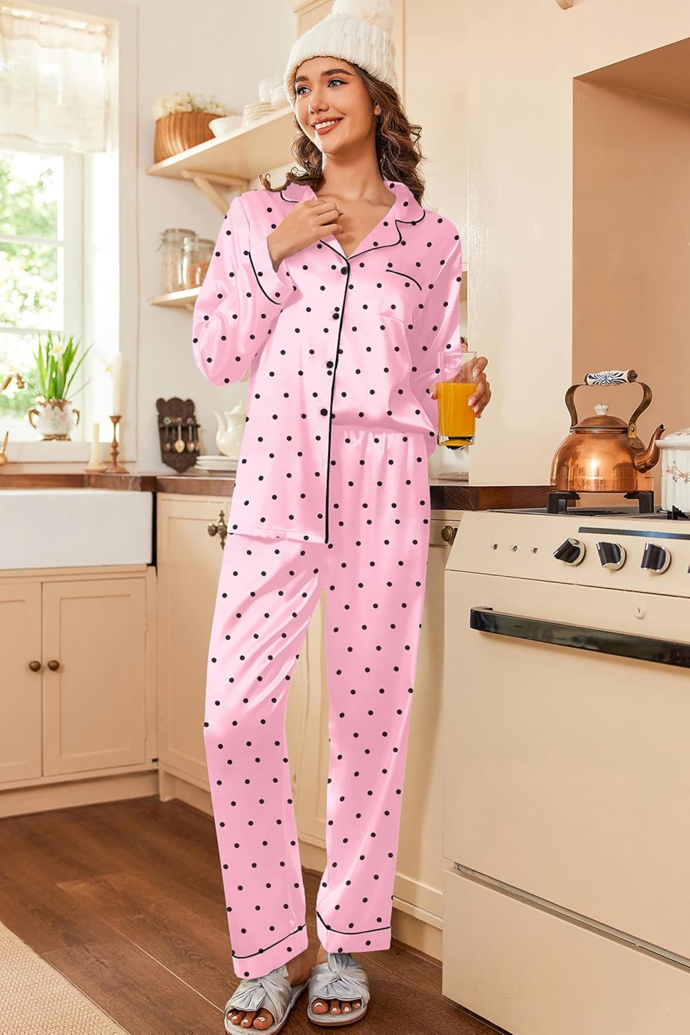 Ekouaer Women's Classic Button Down Long Satin Silk Pajama Set - Image 2