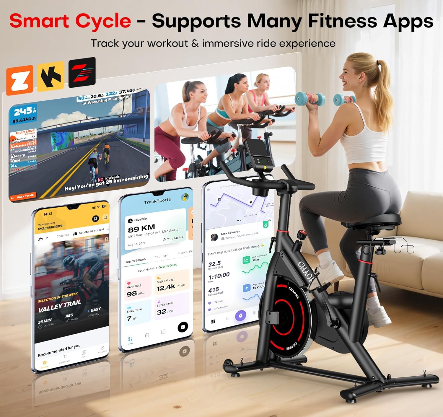 CHAOKE Exercise Bike, Quiet Adjustable Magnetic Stationary Bike for Home Cardio with App Compatible, 350LB Weight Capacity Indoor Cycling Bike with Large Seat, Dumbbell Rack, Pull Cords & LCD Display - Image 2