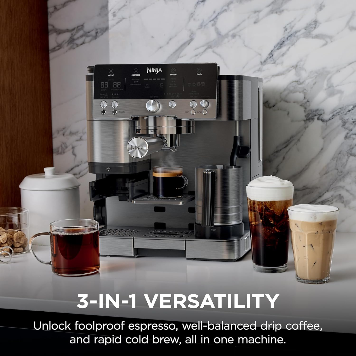 Ninja Luxe Café 3-in-1 Espresso, Drip Coffee and Cold Brew Machine | Intergrated Coffee Grinder, Milk Frother, Assisted Tamper & Built-In Espresso Accessory Storage | Stainless Steel | ES601 - Image 3