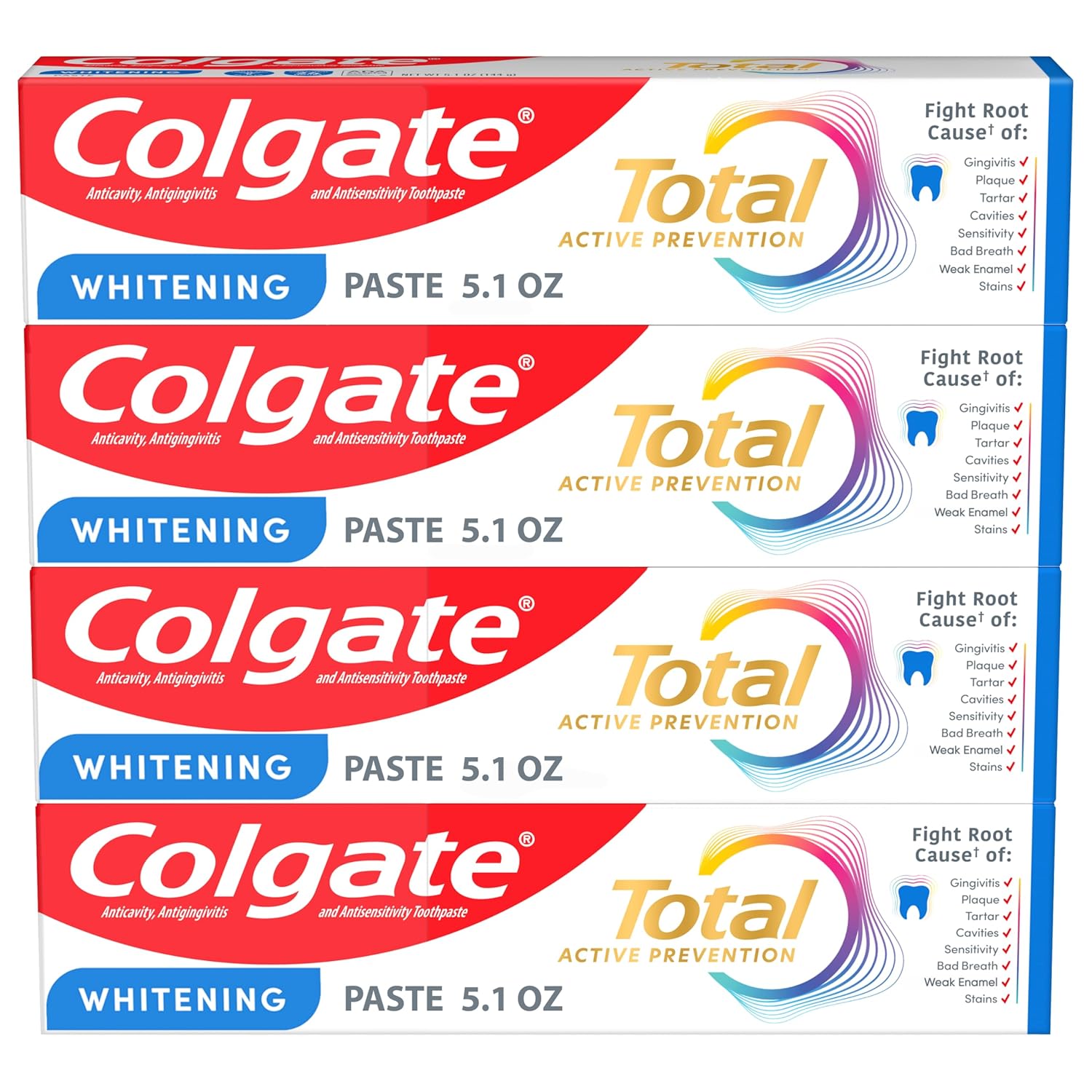 Colgate Total Whitening Toothpaste Paste, 5.1 oz, 4 Pack, Fluoride, Antibacterial, for Plaque, Gingivitis, Sensitivity, Stain Removal, Clinically Proven, Mint, Teeth Whitening, Stannous Fluoride