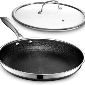 HexClad Hybrid Nonstick 12-Inch Frying Pan with Tempered Glass Lid, Stay-Cool Handle, Dishwasher-Friendly, Oven-Safe Up to 900°F, Induction Ready, Compatible with All Cooktops