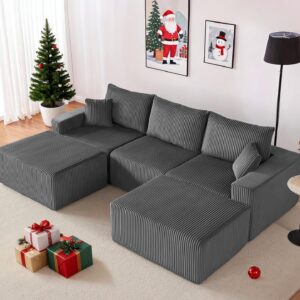 107” Modular Sectional Couches, Cloud Sectional Couch with Deep Seat, Modern Modular L-Shape Sofa with Chaise,Upholstered Boneless Sofa for Living Room (Corduroy, Grey)