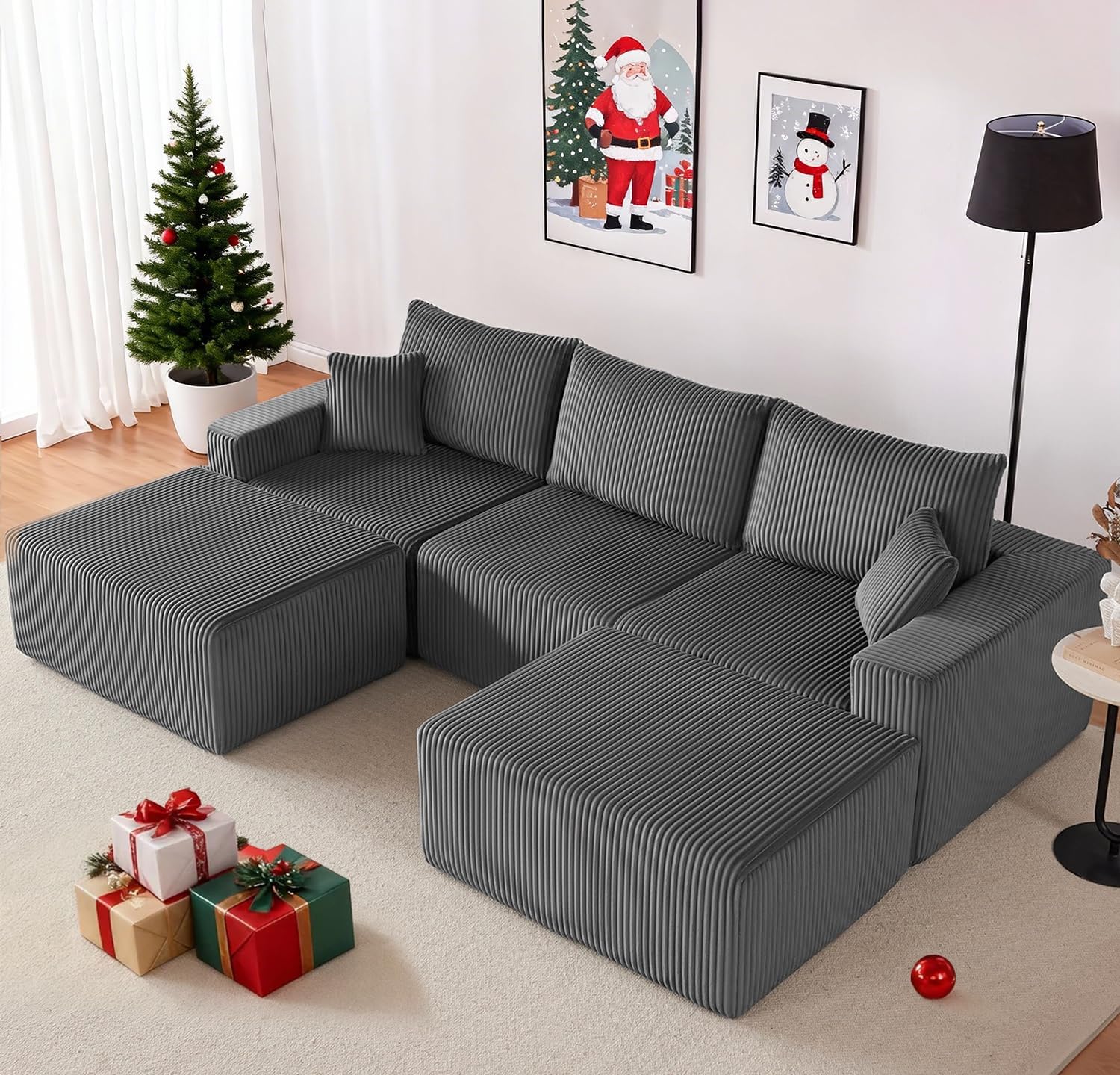 107” Modular Sectional Couches, Cloud Sectional Couch with Deep Seat, Modern Modular L-Shape Sofa with Chaise,Upholstered Boneless Sofa for Living Room (Corduroy, Grey)