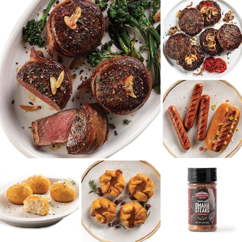 Omaha Steaks Deluxe Gift Package (4 Bacon-Wrapped Filet Mignons, 4 Steak Burgers, 4 Gourmet Jumbo Franks, 4 Au Gratin Potatoes, 4 Caramel Apple Tartlets, 1 jar Omaha Steaks Seasoning)