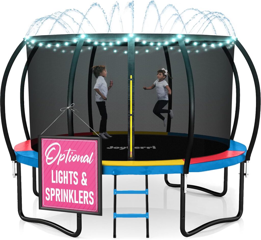 JoyBerri Trampoline Outdoor - ASTM Certified Safe, 8Ft, 10Ft, 12Ft, 14Ft, 15Ft, 16Ft Recreational Trampoline for Kids and Adults. Anti-Rust Coating with Enclosure Net, Ladder, Sprinkler & LED Lights