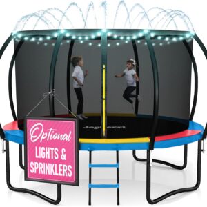 JoyBerri Trampoline Outdoor – ASTM Certified Safe, 8Ft, 10Ft, 12Ft, 14Ft, 15Ft, 16Ft Recreational Trampoline for Kids and Adults. Anti-Rust Coating with Enclosure Net, Ladder, Sprinkler & LED Lights