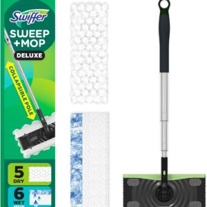 Swiffer Sweep & Mop Deluxe 2-in-1 Floor Mopping and Sweeping Kit, Multi-Surface Kit for Floor Cleaning, Includes 1 Sweeper Device, 5 Heavy Duty Dry Sweeping Cloths, 6 Heavy Duty Wet Mopping Cloths