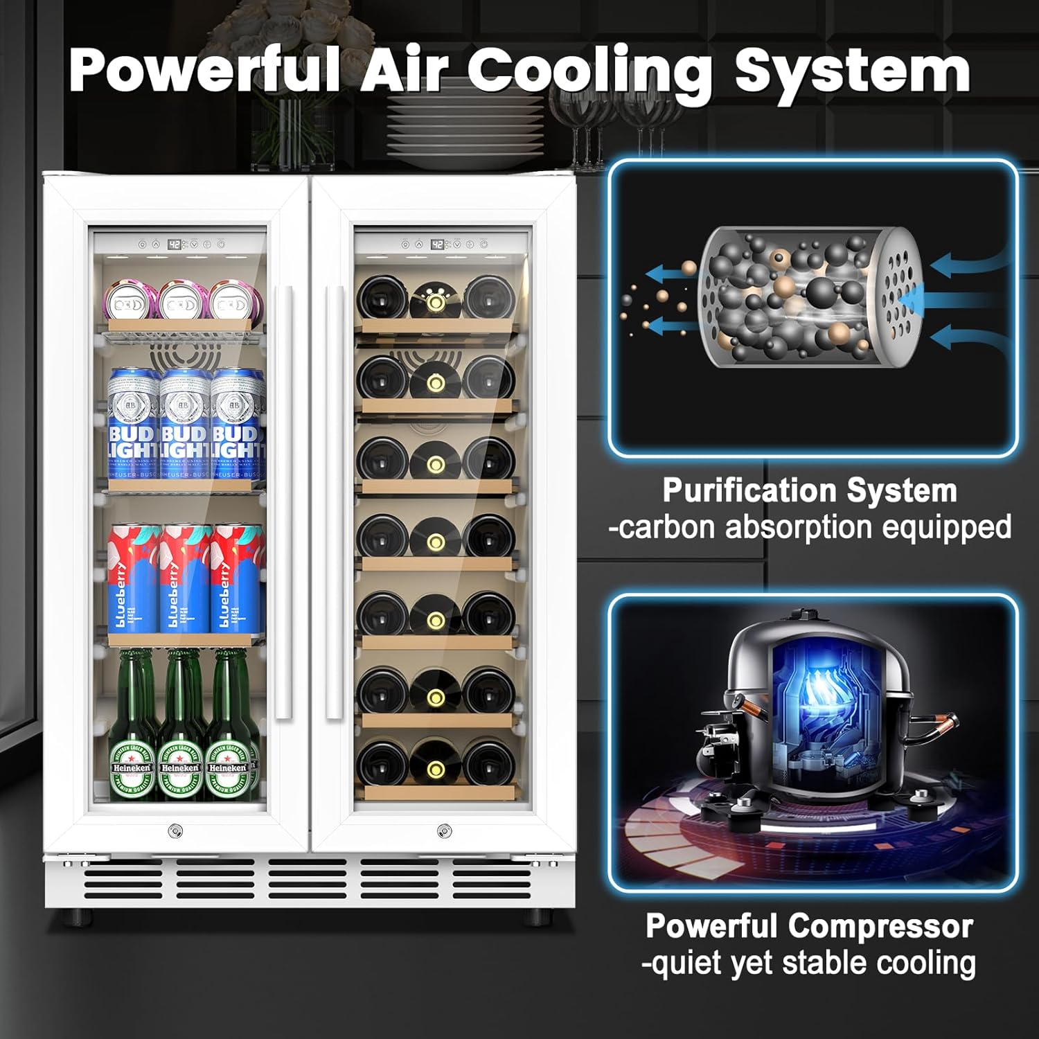 24 Inch Dual Zone Wine and Beverage Refrigerator - Under Counter Built-in/Free Standing Beverage Cooler with Glass Door,Beverage Fridge with Large Capacity, Advanced Cooling System, White - Image 4