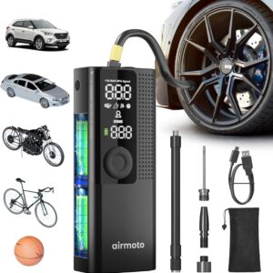Airmoto Tire Inflator Portable Air Compressor – Air Pump For Car Tires with Digital Pressure Gauge, LED Light and Auto Shut-Off Function – Cordless Pump for Car, Motorcycle, Bicycle, Ball