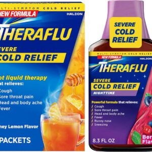 Theraflu Combo Nighttime Severe Cold Relief Syrup, Berry Flavor, 8.3 fl oz & Theraflu Daytime Severe Cold Relief Powder, Honey Lemon Flavor, 6 Ct