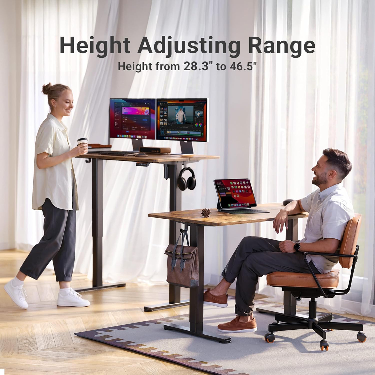 Claiks Electric Standing Desk, Adjustable Height Stand up Desk, 24x48 Inches Sit Stand Home Office Desk with Splice Board, Black Frame/Rustic Brown Top - Image 4