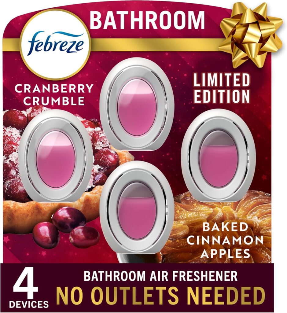 Febreze Bathroom Air Freshener, Odor-Fighting, Plug In Alternative, Air Fresheners for Home and Bathroom and Kitchen, Closet Air Fresheners, Baked Cinnamon Apples & Cranberry Crumble Scent, 4 Count