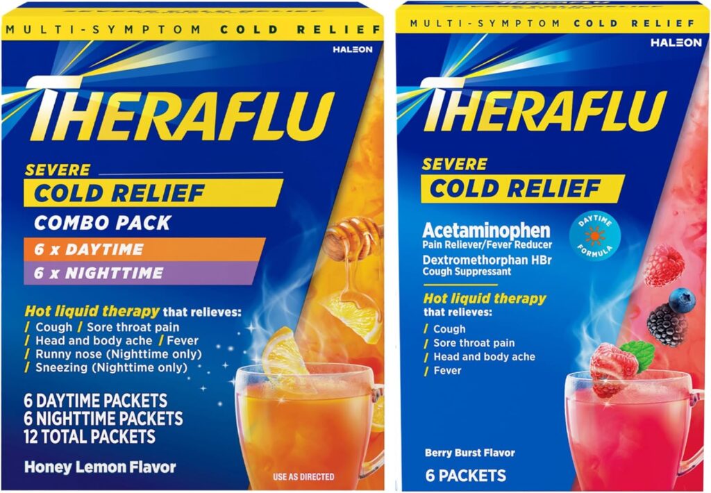 Theraflu Combo Daytime and Nighttime Severe Cold Relief Honey Lemon Flavor Powder and Daytime Severe Cold Relief Berry Burst Flavor Powder, 6 Day + 6 Nighttime, and 6 Berry Burst Packets