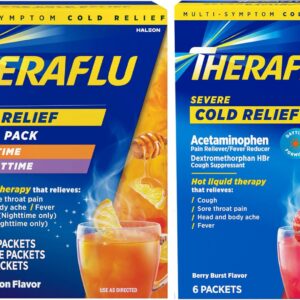 Theraflu Combo Daytime and Nighttime Severe Cold Relief Honey Lemon Flavor Powder and Daytime Severe Cold Relief Berry Burst Flavor Powder, 6 Day + 6 Nighttime, and 6 Berry Burst Packets