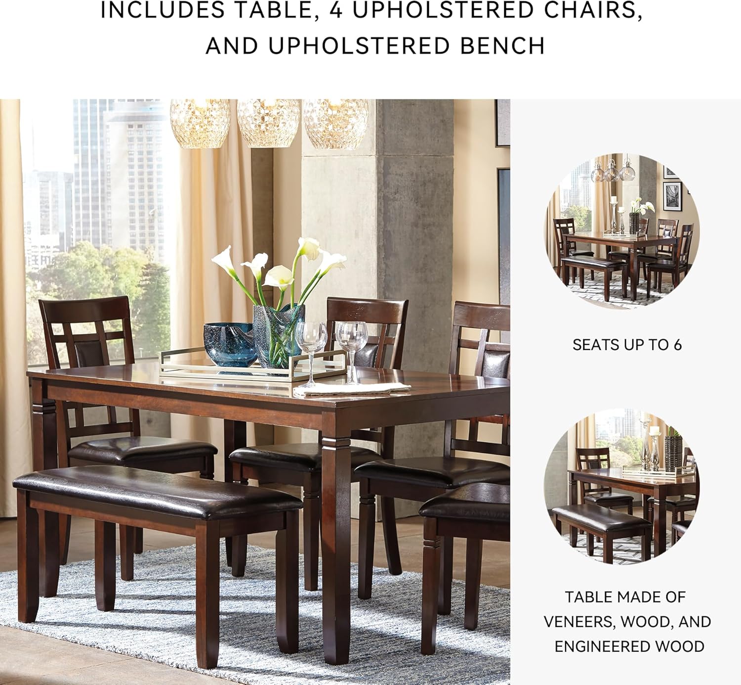 Signature Design by Ashley Bennox Dining Room Table and Chairs with Bench (Set of 6), Brown - Image 4