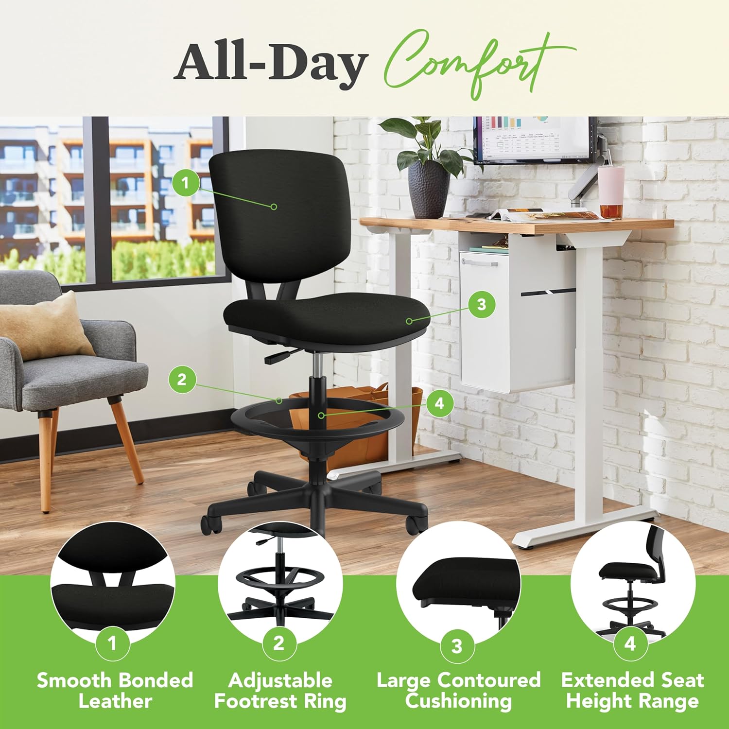 HON Volt Standing Desk Chair, Leather Office Chair with Foot Rest, Armless Drafting Stool, Ergonomic Recline and Center Tilt, for Computers, Offices, Work, Black - Image 4