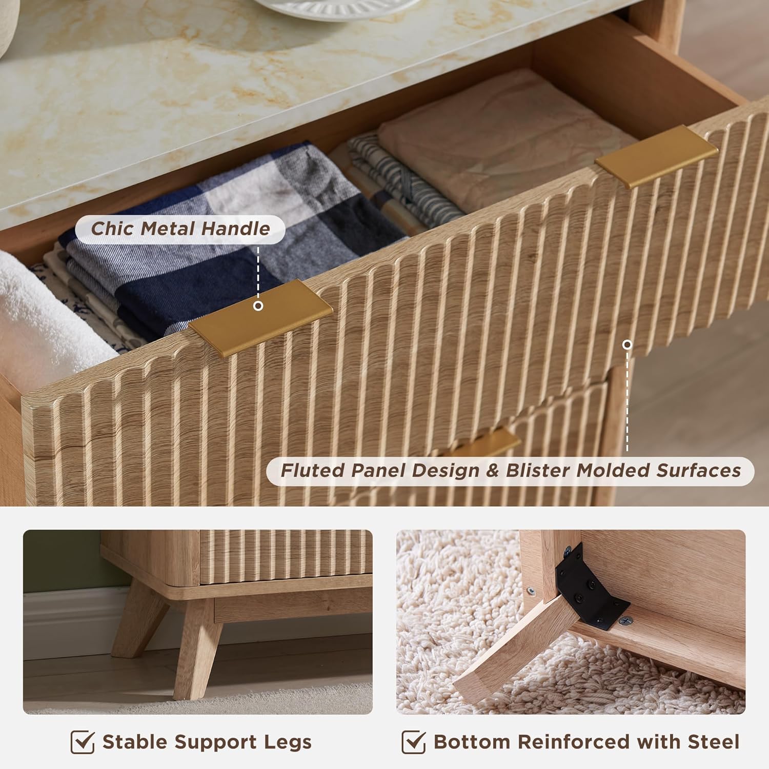 T4TREAM Fluted 6 Drawers Dresser, 54" Wide Modern Chest of Drawers with Faux Marble Top, Curved Profile Design, Dresser TV Stand, Wood Drawer Organizer for Bedroom, Living Room, Hallway, Natural Oak - Image 6