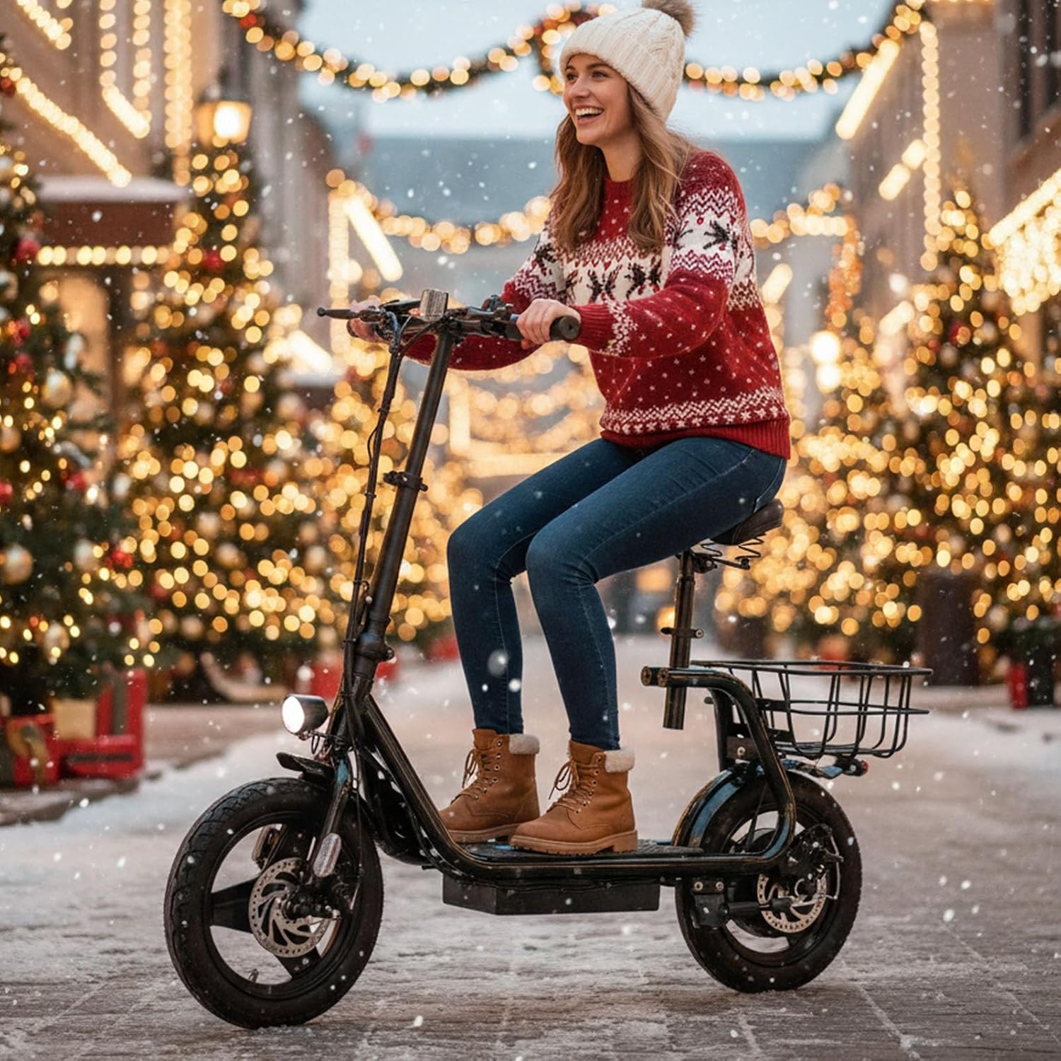 Caroma Electric Scooter with Seat for Adults, Max 30Miles Ranges&20Mph, 500/800/1200W Motor, 14" Fat Tire Foldable Commuter E-Scooter with Basket for Pets & Cargo, 300lbs Max Load - Image 2